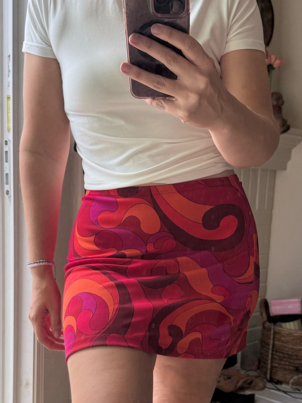 Express Retro Swirl Mini Skirt in Red and Pink